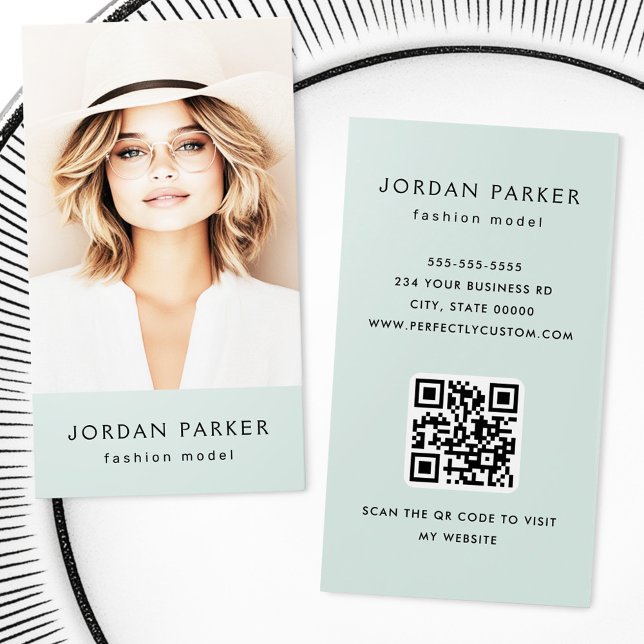Cartões de visitas verdes azuis com código QR de f (Photo QR code fashion blue green business cards)