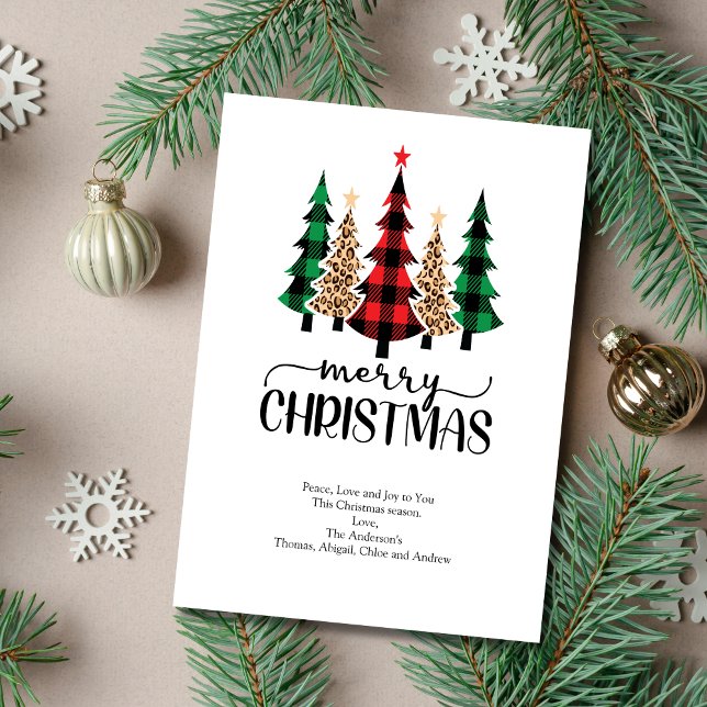 Cartões de Xadrezes Negras Vermelhos Feliz Natal (Red Green Plaid Leopard Print Christmas Trees Christmas Card. Printed or Instant digital download)