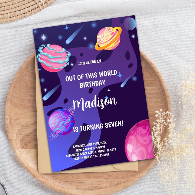 Cartões do Partido Galáxico Editáveis com Planetas (Purple Planets Outer Space Birthday Invitations)