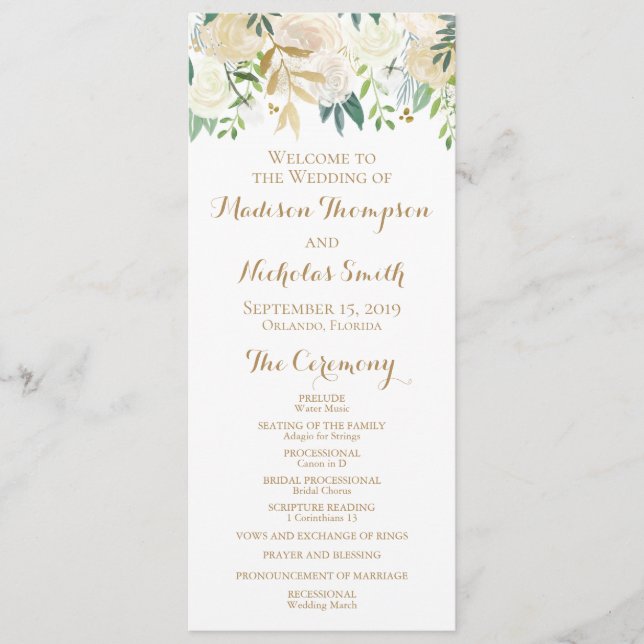 Cartões do Programa de Casamento de Flores Dourada (Frente)