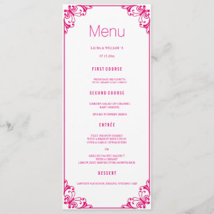 Cartões fúcsia do menu do comensal de casamento 