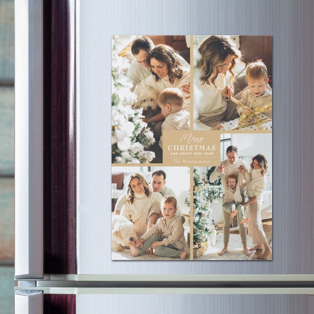 Cartões Magnéticos de Colagem de Fotografias Doura (Magnetic greeting cards with Merry Christmas and 4 photos with a gold border)