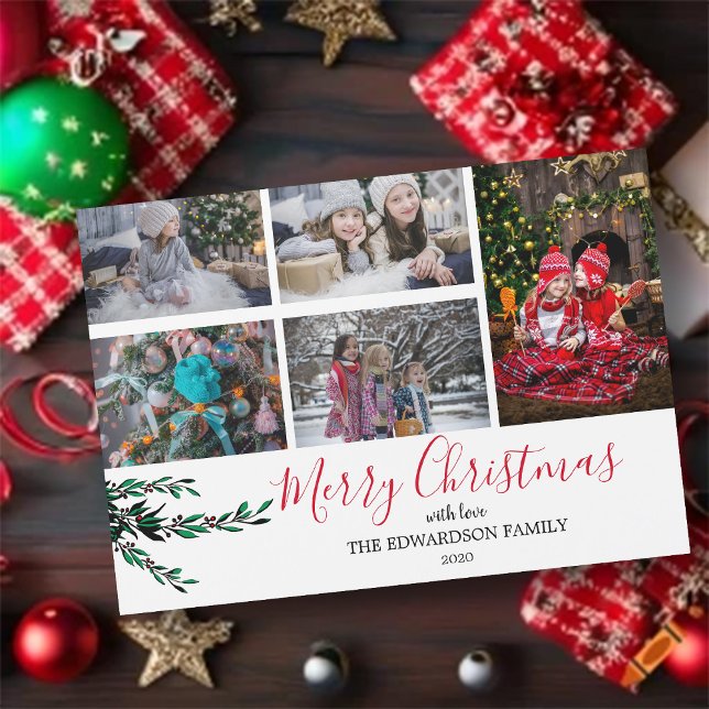 Cartões magnéticos de Natal para colagem da famíli (Rustic, family photo collage, Merry Christmas, magnetic Christmas card. )