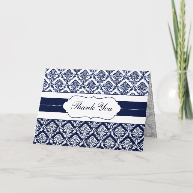 Cartões "marinho azul" damask Obrigado (Frente)