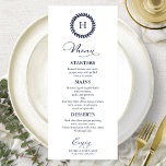 Cartões Marinho de Menu Casamento Monograma Azul<br><div class="desc">Um simples cartão de casamento de caligrafia. Eu ofereço um serviço de personalização gratuito,  se você tiver perguntas ou solicitações especiais,  por favor,  sinta-se à vontade para me contactar.</div>