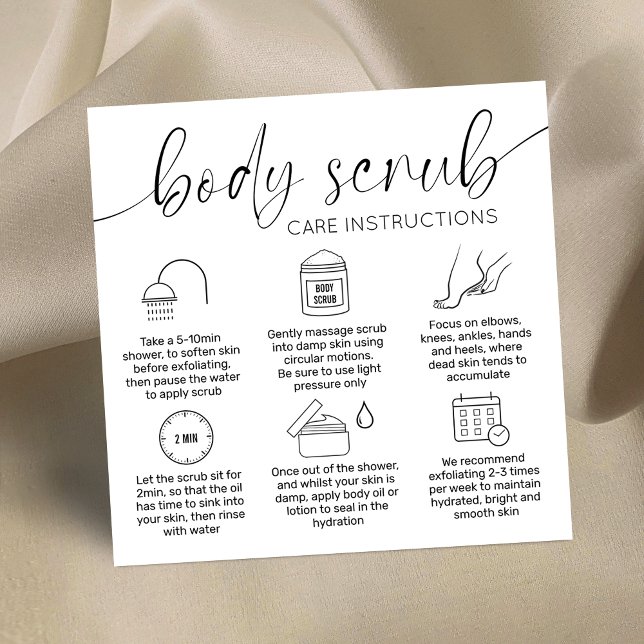Cartões Mínimos Elegante Preto-Branco de Cuidados  (Modern body scrub instructions cards with care icons, space for your logo and elegant calligraphy)