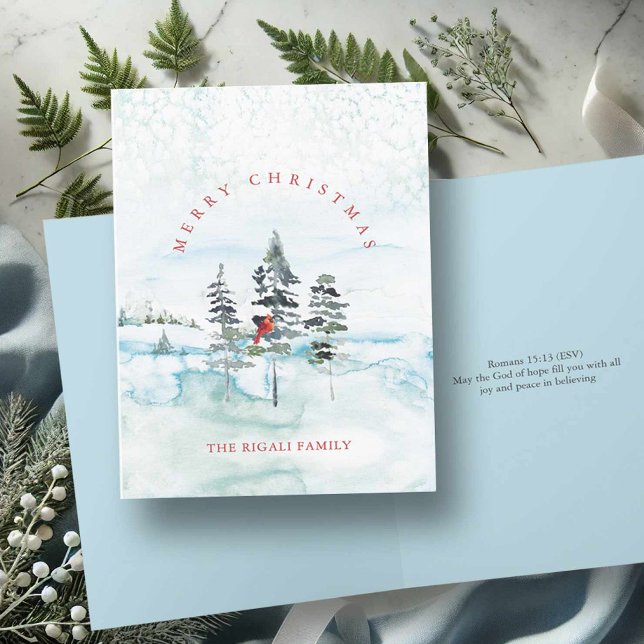 Cartões natalinos com Bíblia Verso (Christmas card bible verses features watercolor snowy pine tree art & cardinal Victoria Grigaliunas)