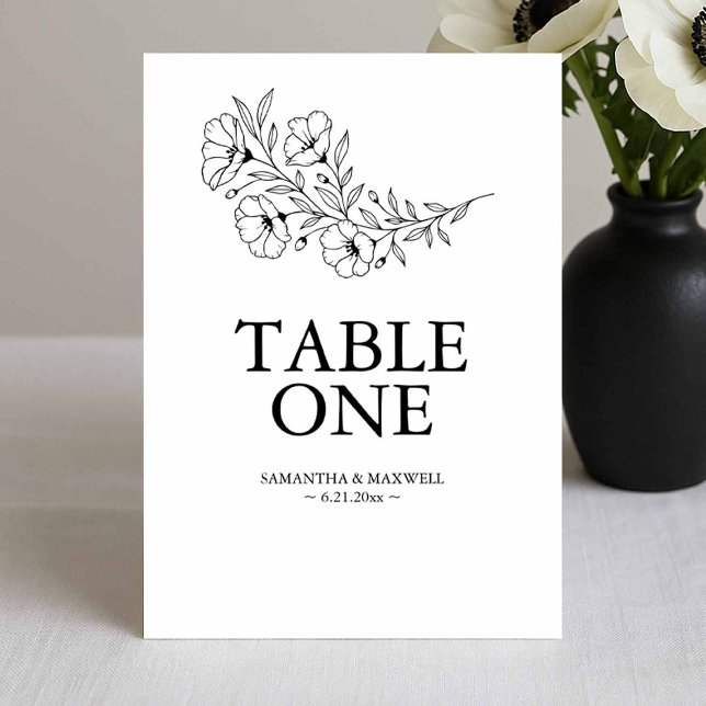 Cartões Números de Tabela de Casamento Branco e Pr (Black and white wedding table cards modern elegant floral line art by Victoria of Do Tell A Belle)