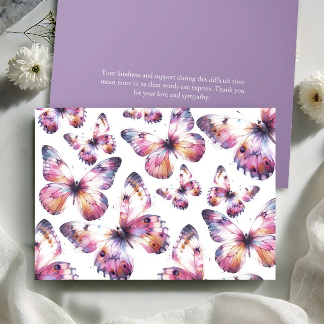 Cartões Personalizados De Borboleta (Butterfly funeral thank you cards watercolor purple butterflies by Victoria Grigaliunas)