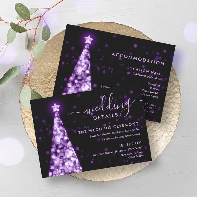 Cartões Pormenores do Casamento Roxo da Árvore do  (Festive Xmas Tree Purple Wedding Details Card)