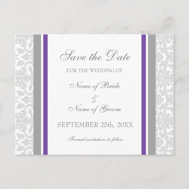 Cartões postais Plum Damask Save the Date Wedding (Frente)