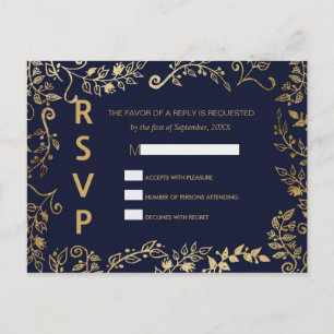 Cartões postais RSVP Floral Azul e Dourado do Mari