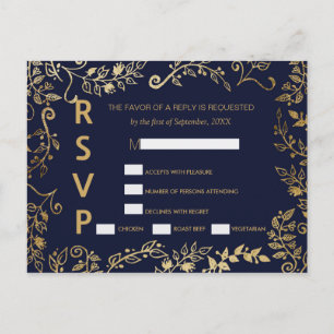 Cartões postais RSVP Floral Azul e Dourado do Mari