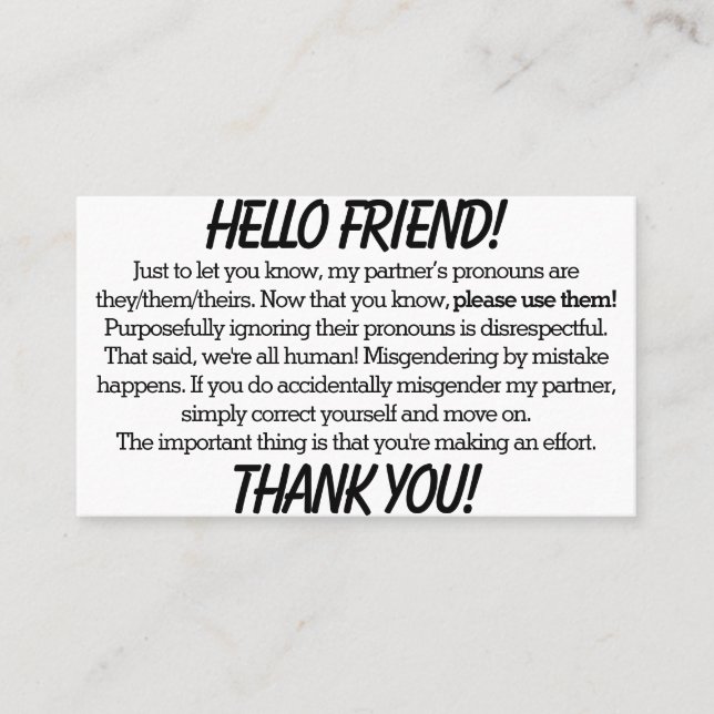 Cartões Pronoun (eles/eles são parceiros) (Frente)