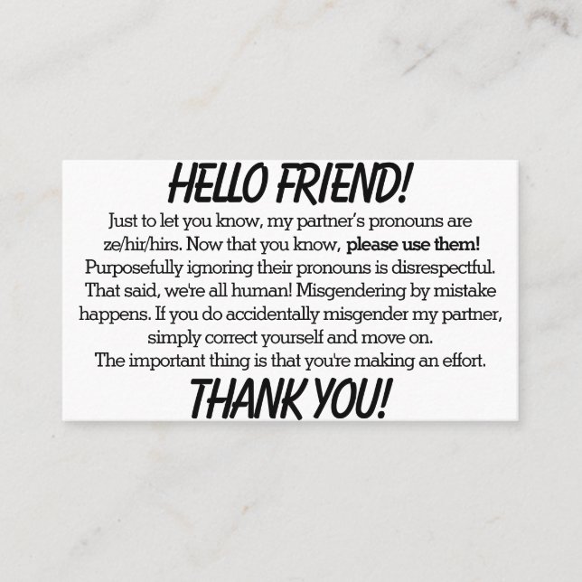 Cartões Pronoun (parceiro ze/hir) (Frente)