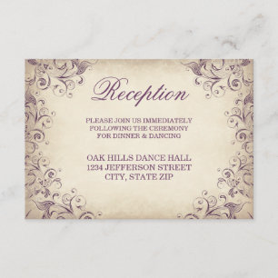 Cartões roxos da recepção de casamento do Flourish