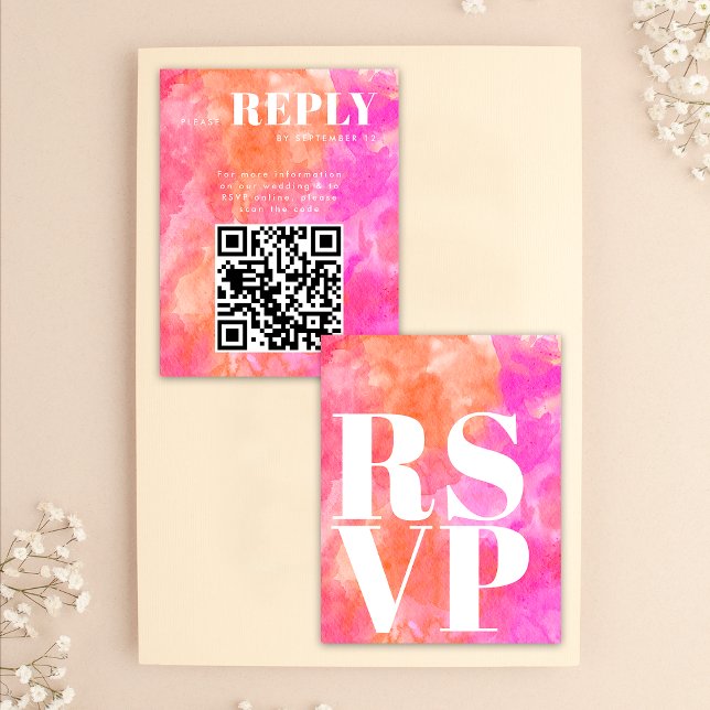 Cartões RSVP Cor-de-rosa e laranja para Código QR  (Front / Back)