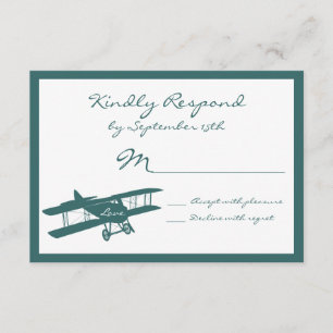 Cartões RSVP de Casamento Azul de Biplane Aviator 