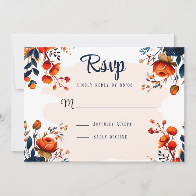 Cartões RSVP de Casamento Azul e Laranja marinho (Frente)