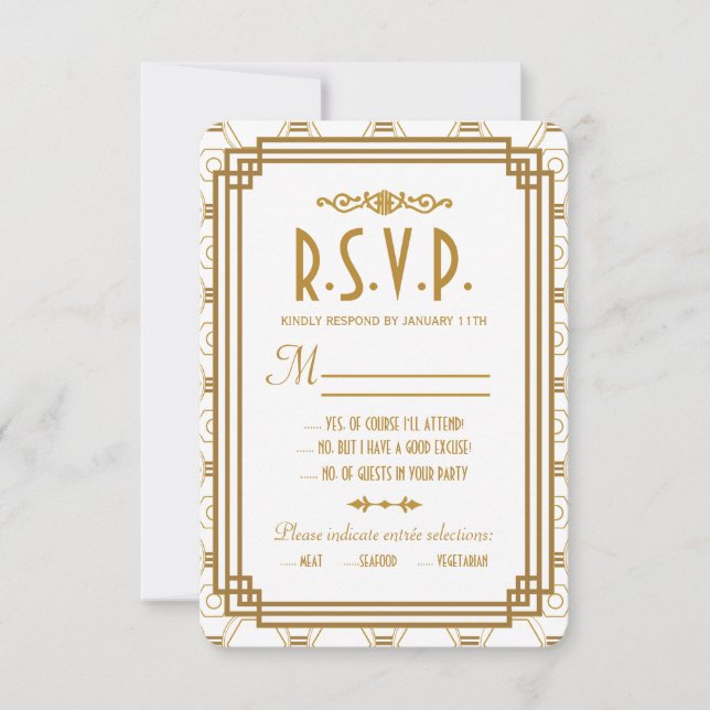 Cartões RSVP de Casamento Branco Art Deco (Frente)