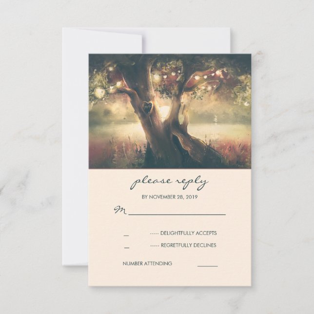 Cartões RSVP de Casamento de Árvore de Coração Gra (Frente)