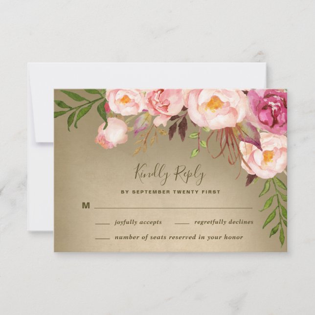 Cartões RSVP de Casamento de Blush Rustic de Peony (Frente)