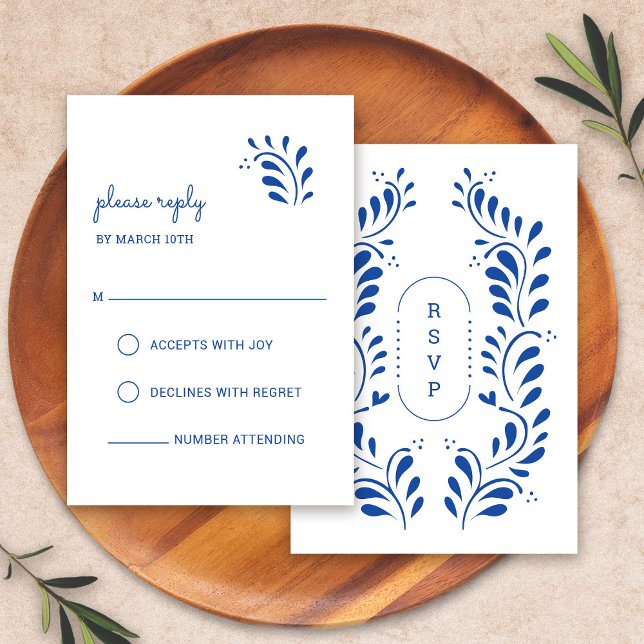 Cartões RSVP de Casamento de Casamento de Puebla A (Puebla Style Blue Mexican Wedding RSVP Card by Fiesta Valley Print)