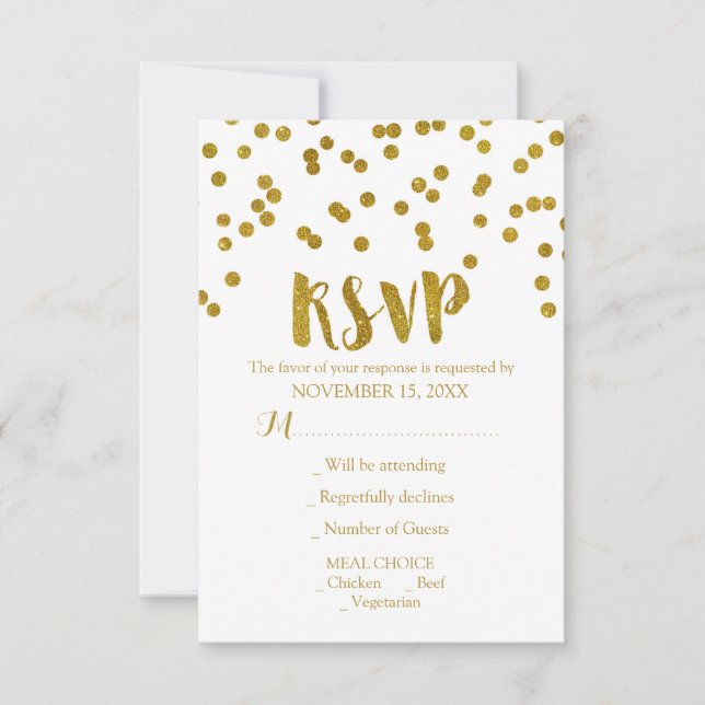 Cartões RSVP de Casamento de Confetti Dourado (Frente)