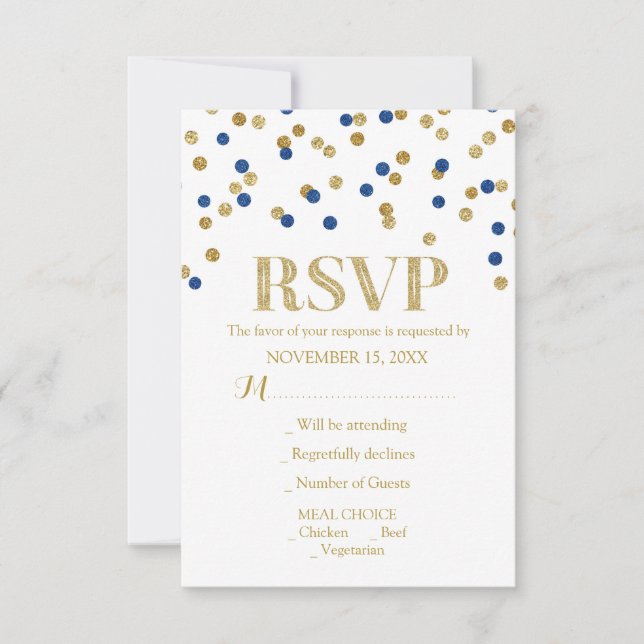 Cartões RSVP de Casamento de Confetti Dourado Azul (Frente)