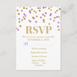 Cartões RSVP de Casamento de Confetti Dourado Roxo