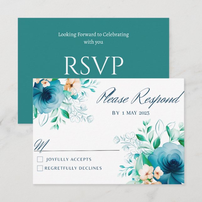 Cartões RSVP de Casamento de Flores de Azul Elegan (Frente/Verso)
