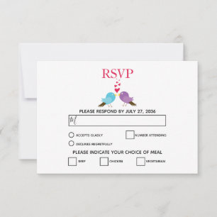 Cartões RSVP de Casamento de Pássaros e Coraçõ