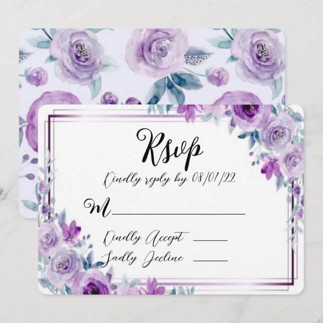 Cartões RSVP de Casamento de Penas de Aquarela Púr (Frente/Verso)