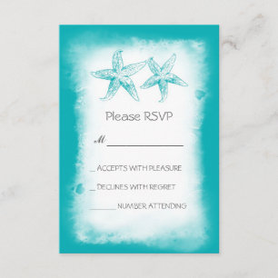 Cartões RSVP de casamento de praia azul-branca