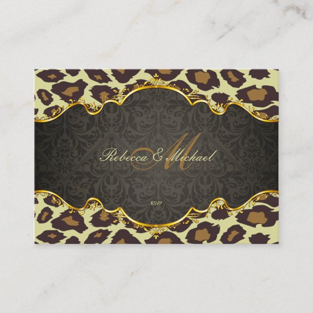 Cartões RSVP de Casamento do Damask Leopard Monogr (Frente)