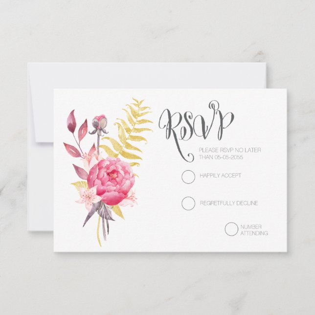 Cartões RSVP de Casamento Dourado de Peônias de Aq (Frente)