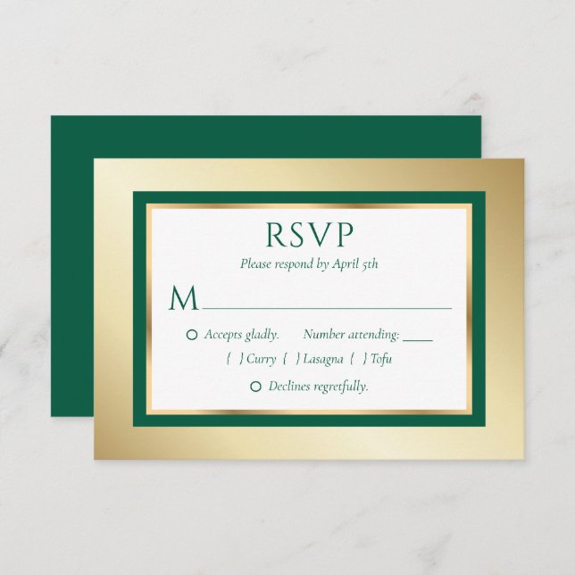 Cartões RSVP de Casamento Dourado e Verde Emerald  (Frente/Verso)