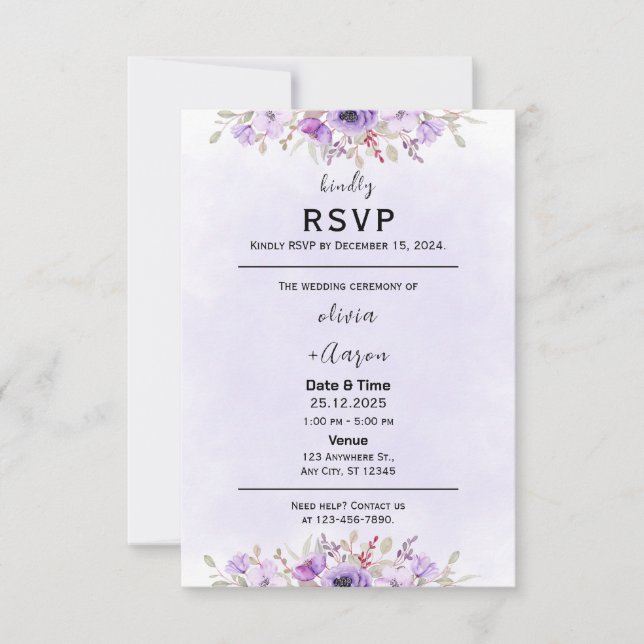 Cartões RSVP de Casamento Floral Boho Purple (Frente)