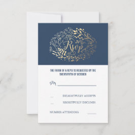 Cartões RSVP de Casamento Floral Dourado e marinho