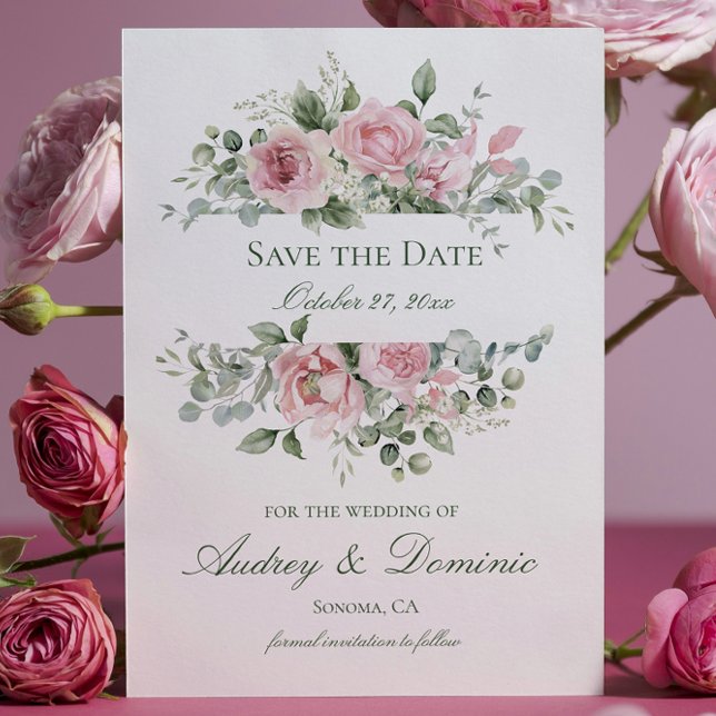 Cartões RSVP de Casamento Floral Rosa (elegant floral save the date card with pink roses and greenery for botanical garden theme wedding)