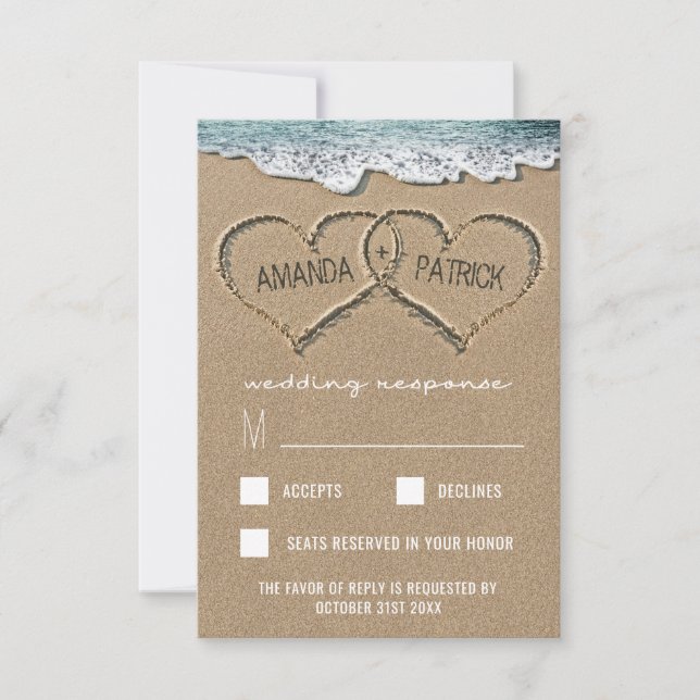 Cartões RSVP de Casamento na praia de areia (Frente)