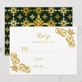 Cartões RSVP de Casamento Real Verde e Dourado