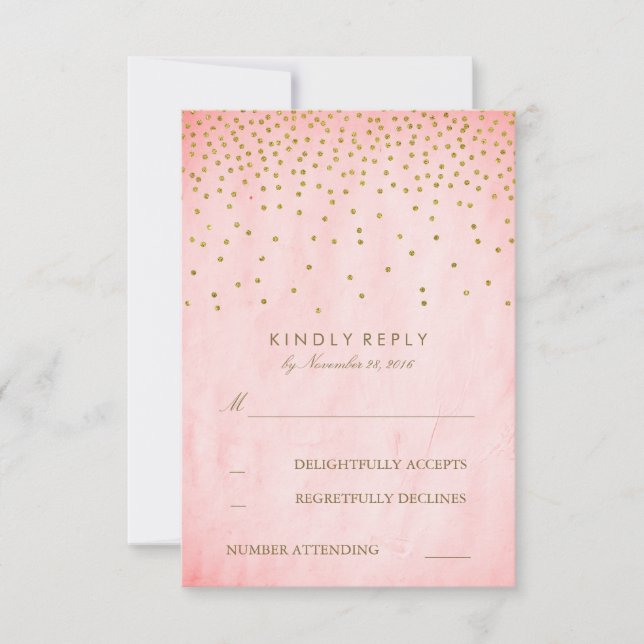 Cartões RSVP de Casamento Rosa de Confetti Dourado (Frente)