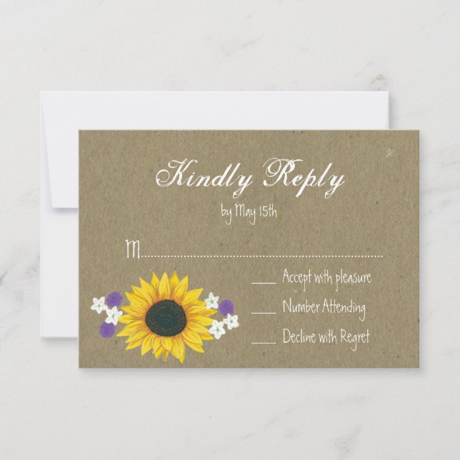 Cartões RSVP de Casamento Rustic Sunflower Kraft P (Frente)