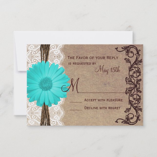 Cartões RSVP de Casamento Rustic Teal Gerber Daisy (Frente)