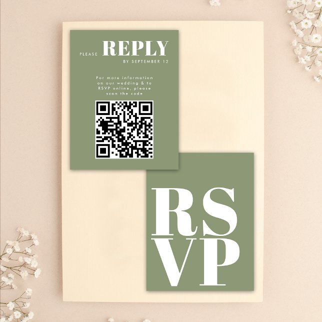 Cartões RSVP Verde na moda para Código QR de Casam (Front / Back)