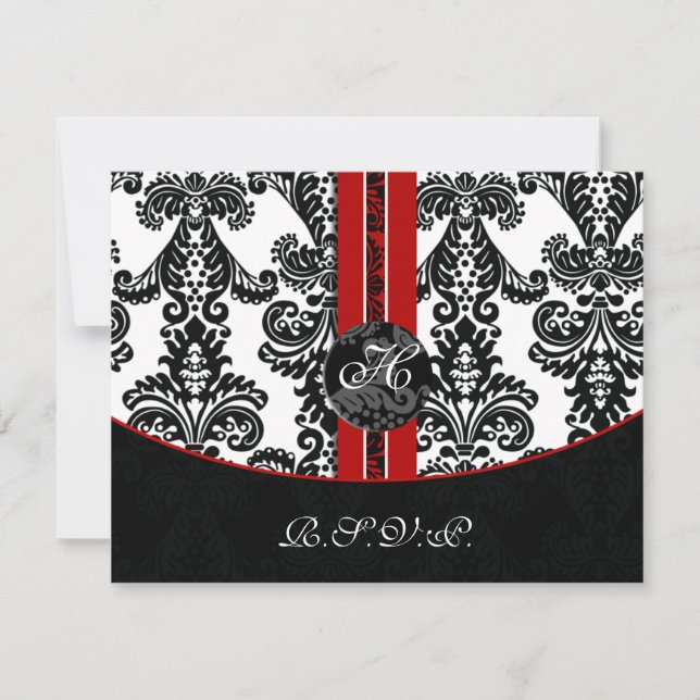 cartões rsvp vermelhos monogramos damask (Frente)