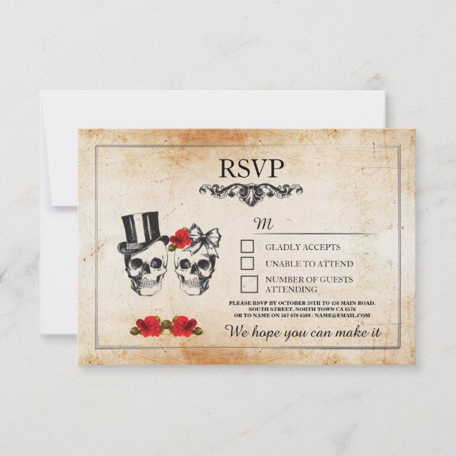 Cartões Rústicos de Caveiras de Casamento RSVP (Frente)