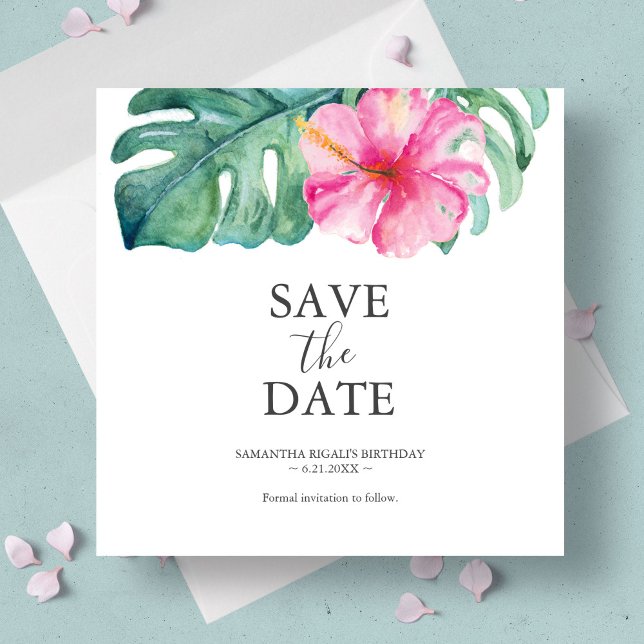 Cartões salve a data de aniversário tropical (Birthday save the date cards features tropical watercolor art by Victoria Grigaliunas)