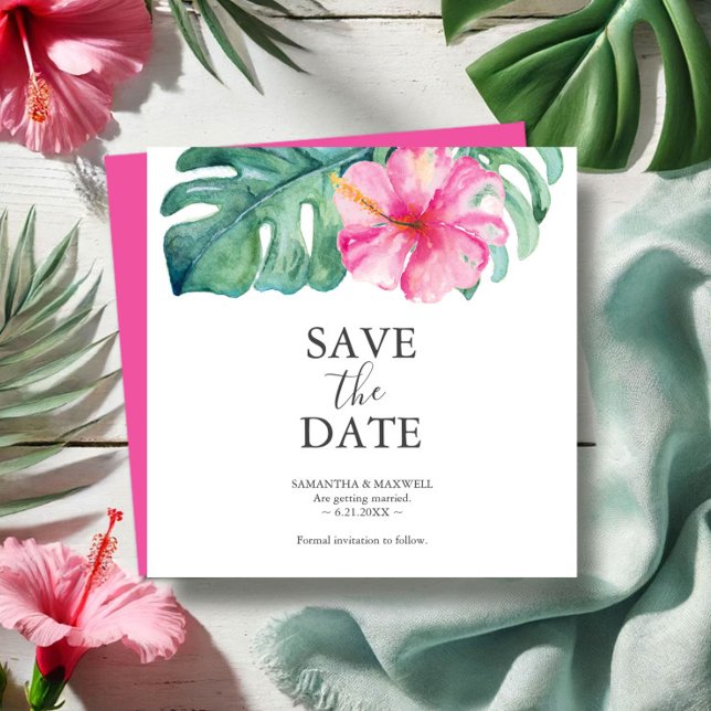 Cartões salve a data de Casamento de Destino Tropi (Destination wedding save the date invitations watercolor pink hibiscus flower and palm leaf)